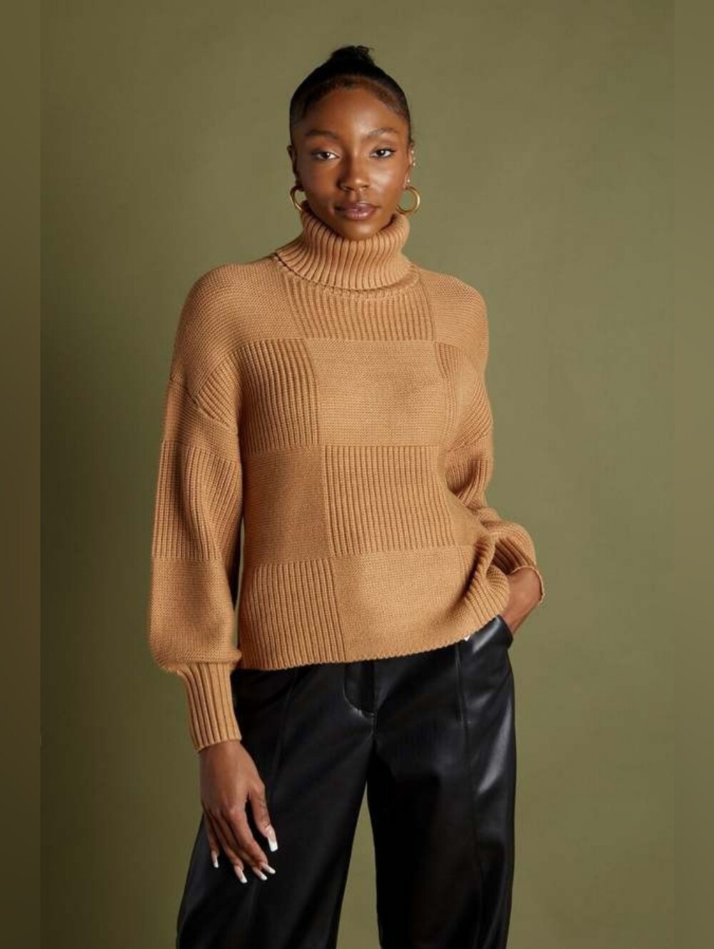 Staud benny patchwork turtleneck sweater in camel, small